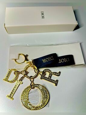DIOR Gold Rhinestone-Studded Bag  Charm Key Holder with Navy Ribbon GWP NWB